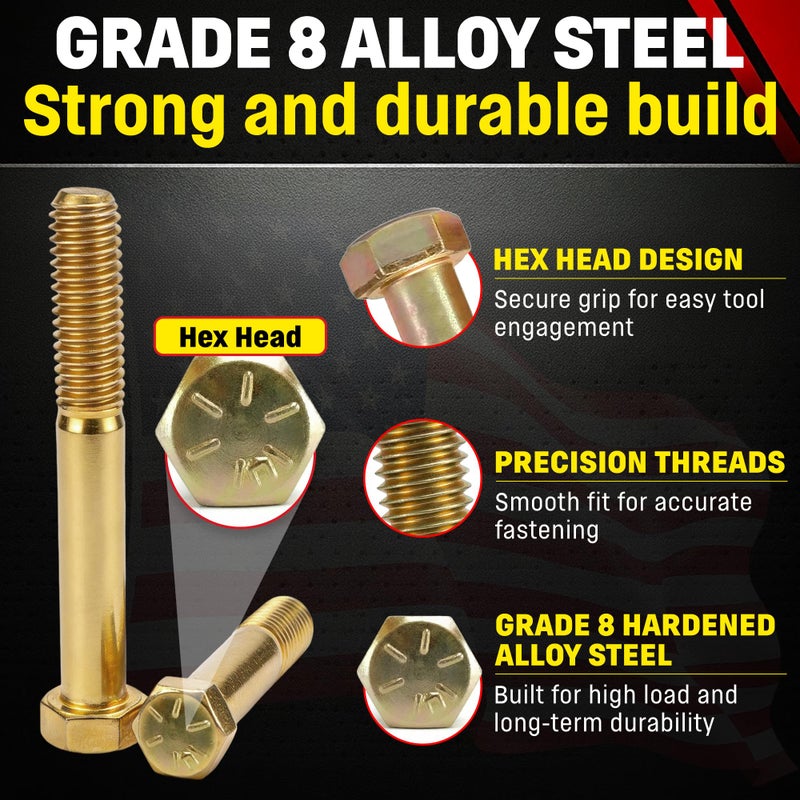 Chenango Supply 3/8-16 x 2-1/2" Grade 8 Hex Head Bolts â€“ Alloy Steel, Yellow Chromate Zinc, High-Strength Hex Head Cap Screws, 25 Pieces - Image 2
